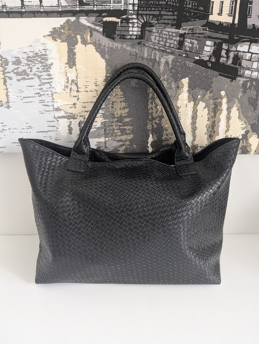 Urban Expressions Faux Leather Shopper Tote Handbag Black +  Zip Pouch EUC